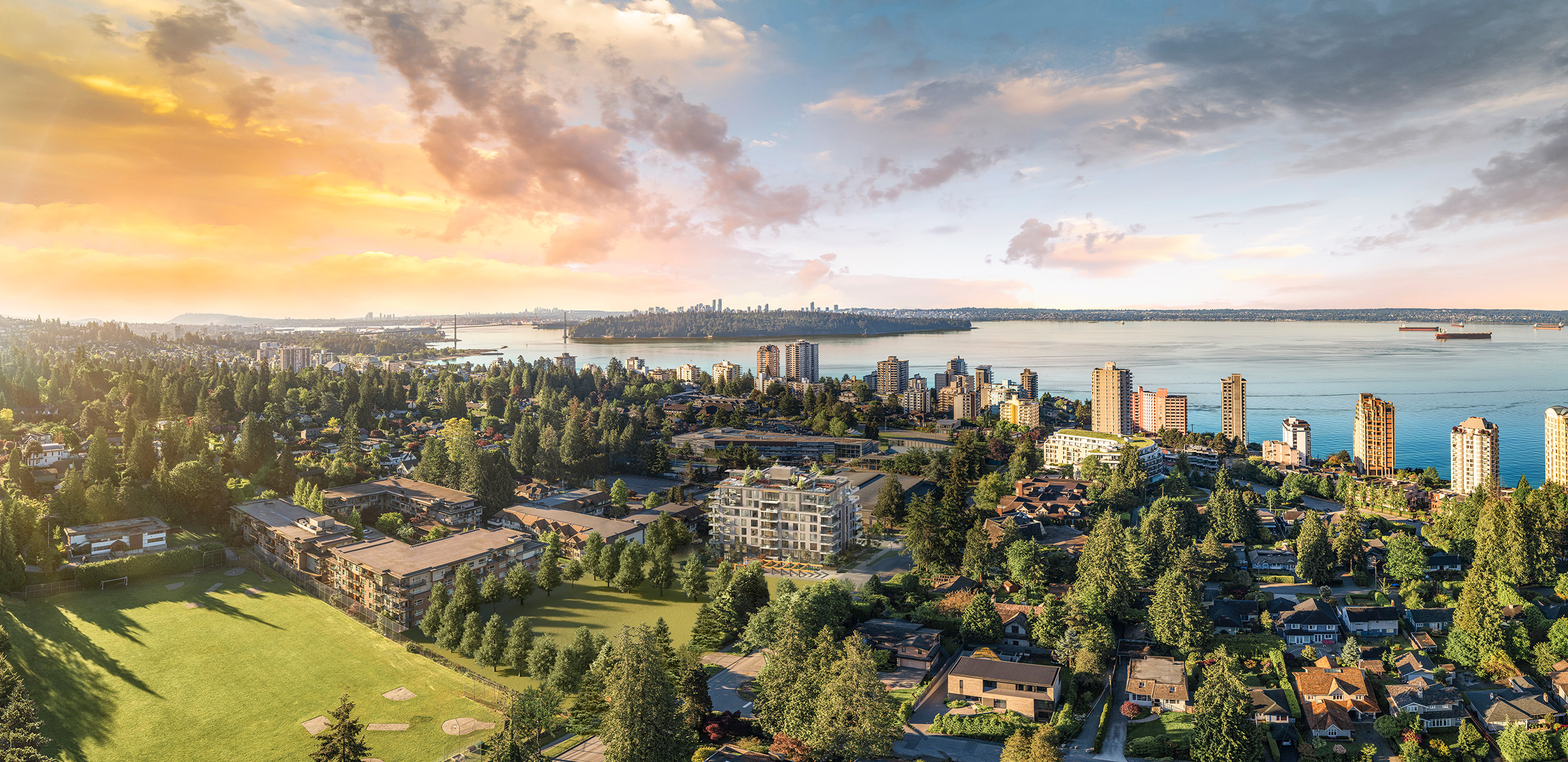 Aerial Veiw of Weston Place in West Vancouver with views of Vancouver